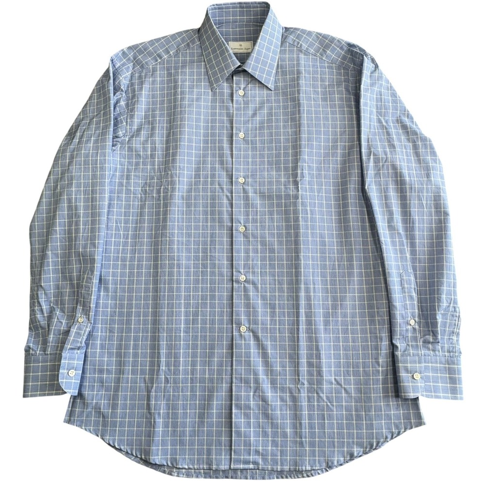 Ermenegildo‎ Zegna Dress Shirt Mens 15.5 Blue Check 2x2 Superfine Cotton NEW